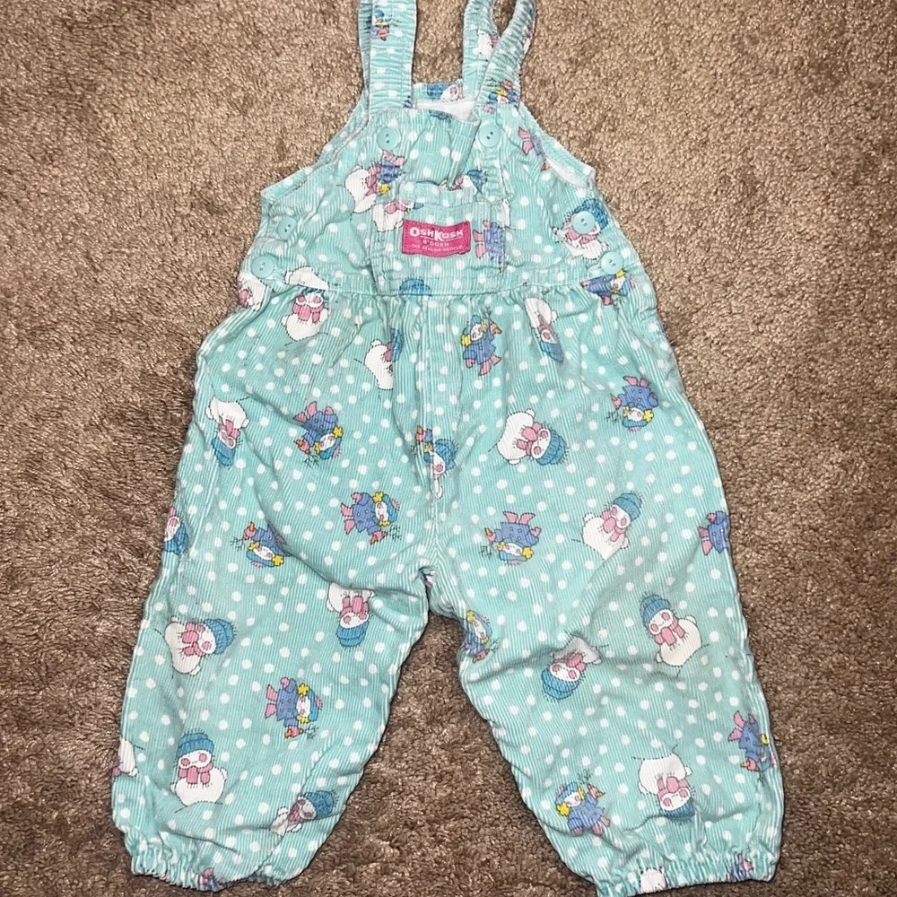 Rare Vintage OshKosh B'Gosh Corduroy Overalls Turquoise Snowman Unisex Size 12M